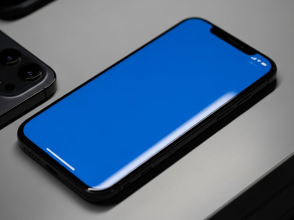 Same iPhone with a brand-new pristine display showing a clean blue lock screen
