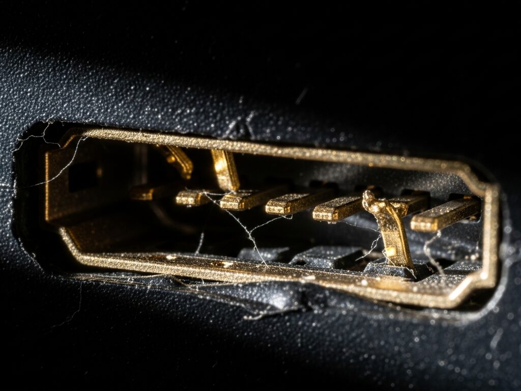 Gaming console HDMI port with bent and crushed gold connector pins