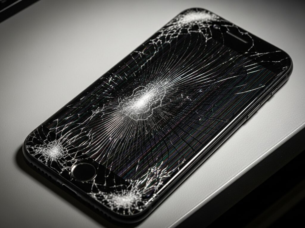 iPhone with shattered front display glass spider-webbed across the screen