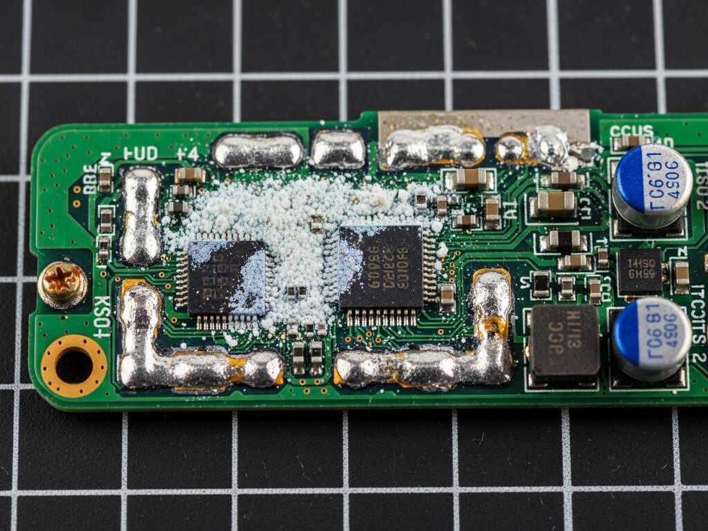 Smartphone logic board with white-blue corrosion crusted over the chips