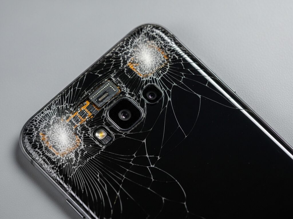 Samsung Galaxy with the rear glass panel completely shattered