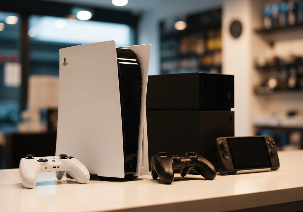 Refurbished gaming consoles and controllers on the shop counter