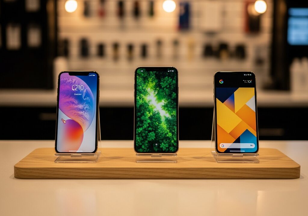 Row of unlocked Apple iPhones on display stands at the shop counter