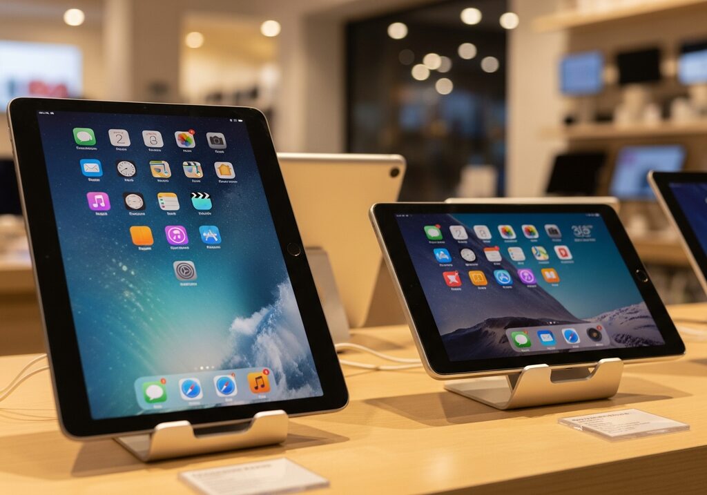 Refurbished Samsung Galaxy phones on display stands at the shop counter